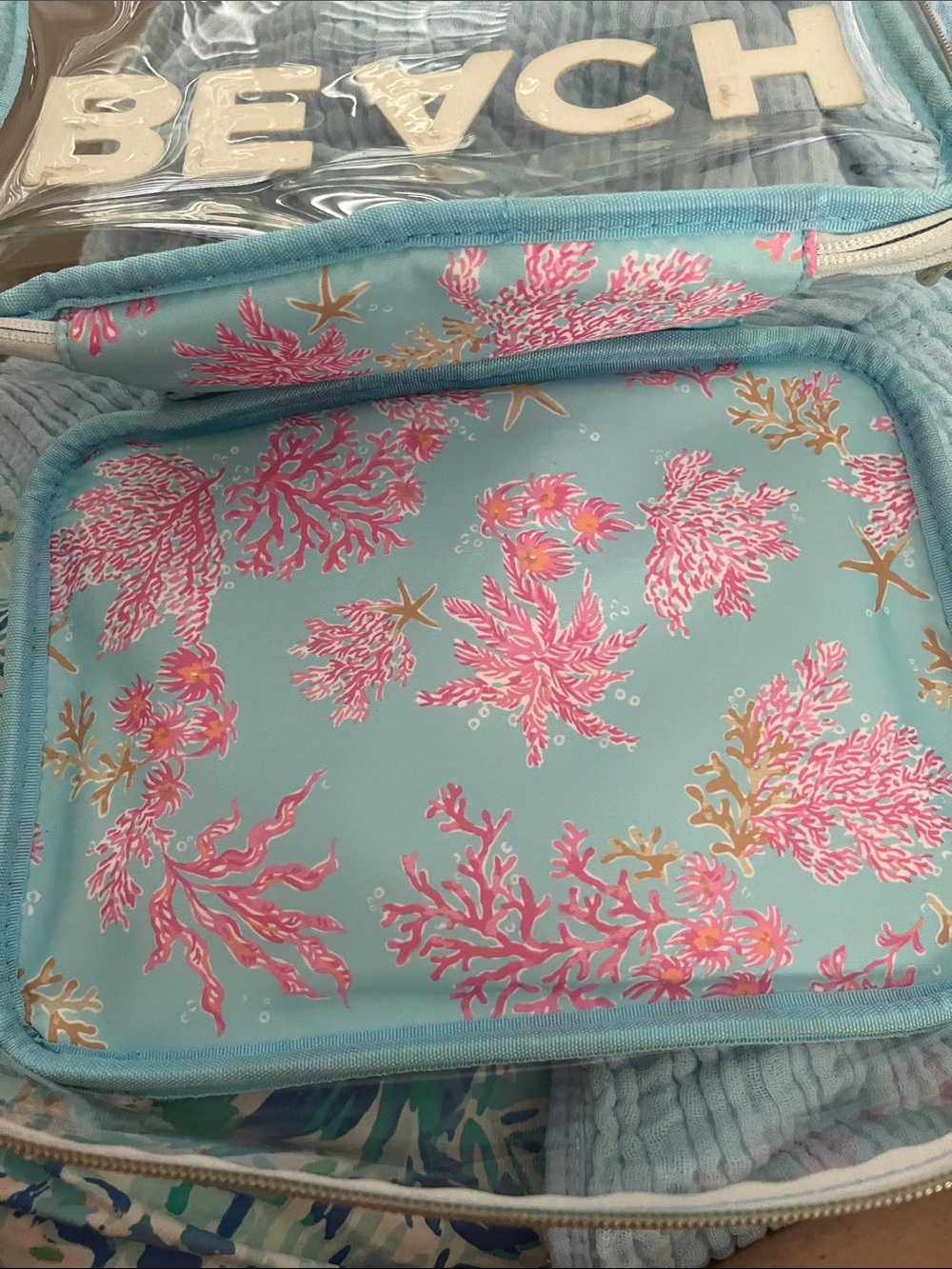 Lilly Pulitzer Clear 'BEACH' Cosmetic Bag in Aqua with Pink Coral - Picture 4 of 10